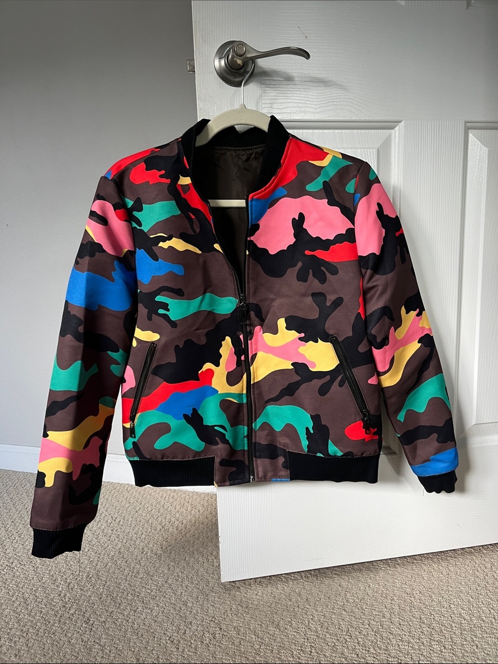 Multicolor Camo Bomber Jacket - Pink, Blue & Green